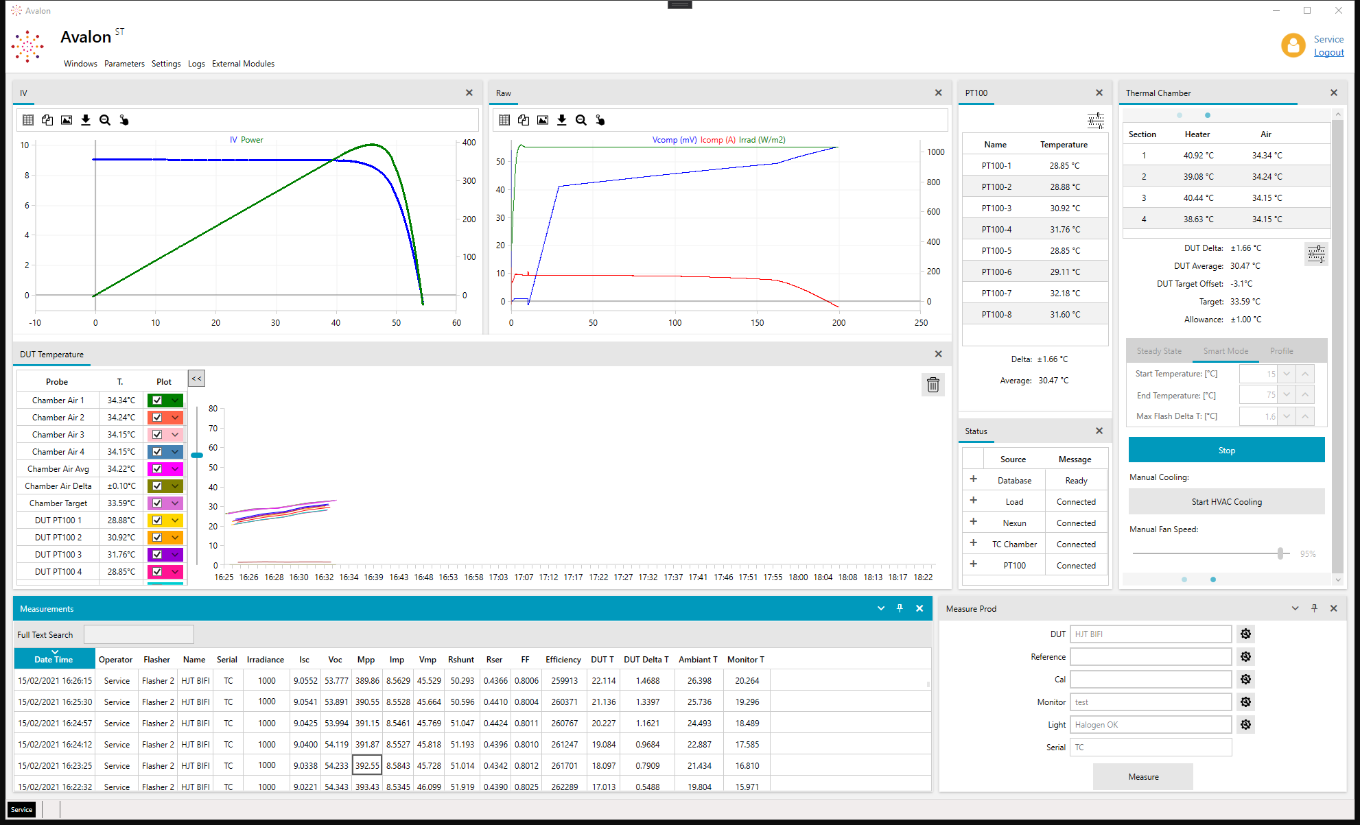 Nexun simulator performing temperature coefficient measurements on an HJT module